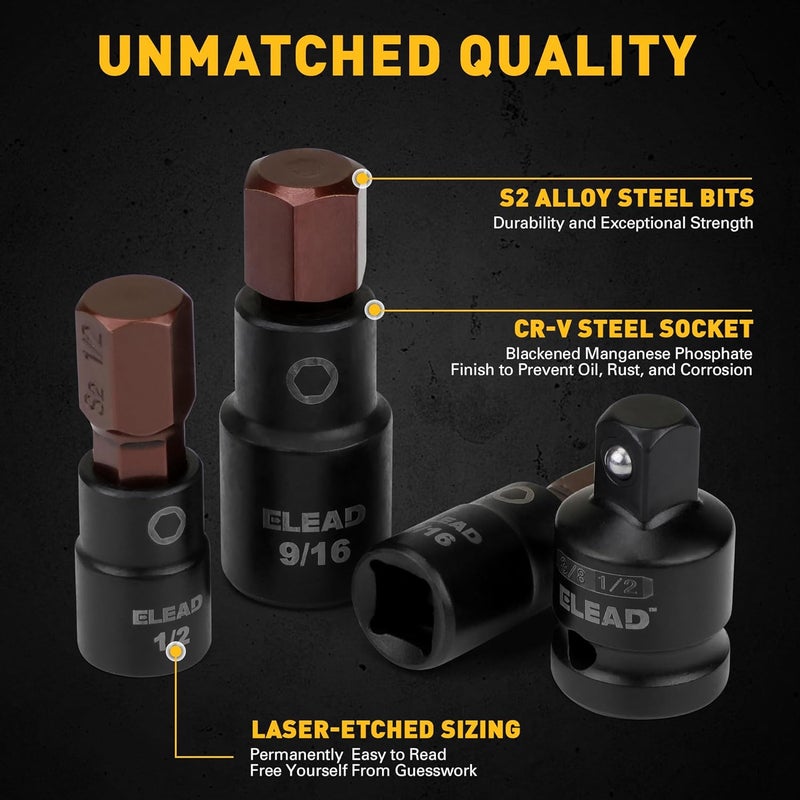 ELEAD 16-Piece SAE Hex Bit Impact Socket Set - Premium S2 Steel 5/64"-9/16" Allen Socket Set with Socket Adapters, 1/4”, 3/8” and 1/2” Drive | Professional Mechanic Garage Tools - Image 5